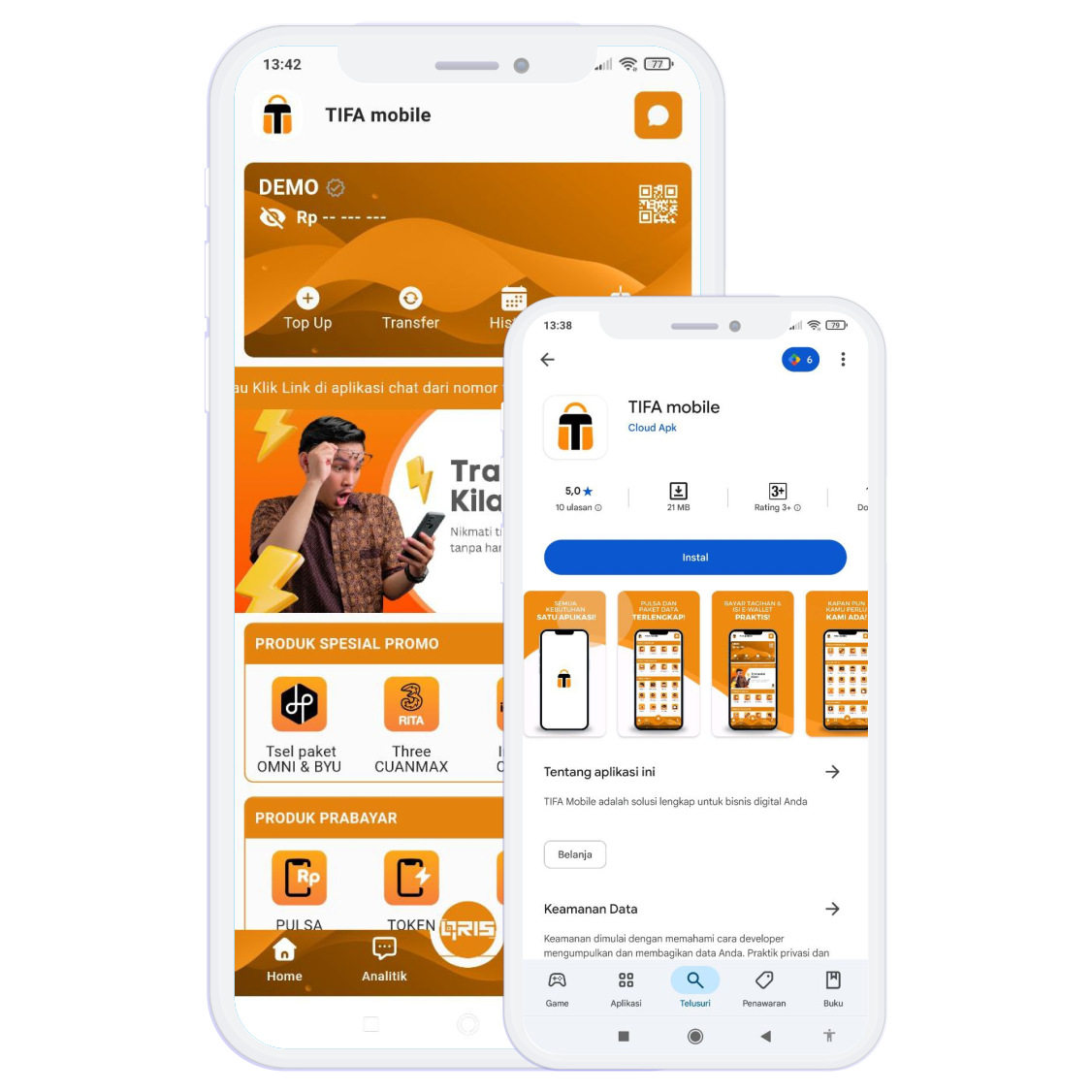 Tampilan aplikasi TIFA MOBILE dan halaman Google Play